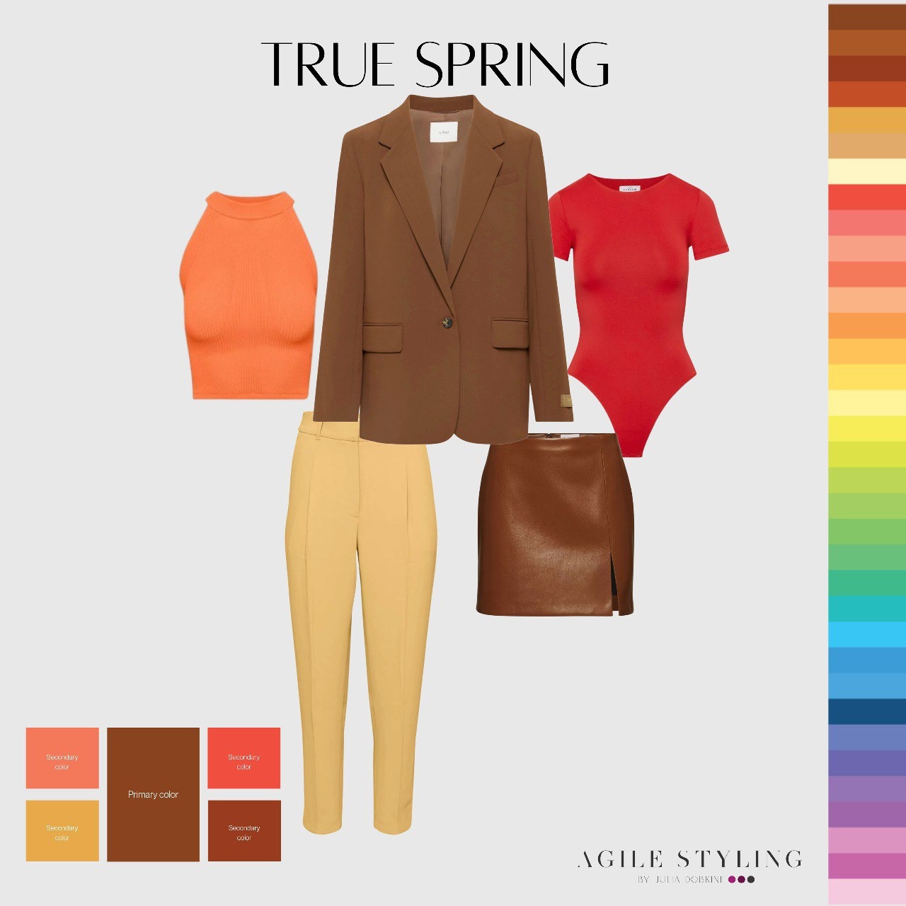 Elevate your True Spring wardrobe with a leather mini skirt, a brown blazer, a vibrant top, and light pants. A fantastic combination for a fresh and stylish look! #TrueSpring

More hints in my Color styling guide 🙌

#LTKSeasonal #LTKworkwear #LTKstyletip