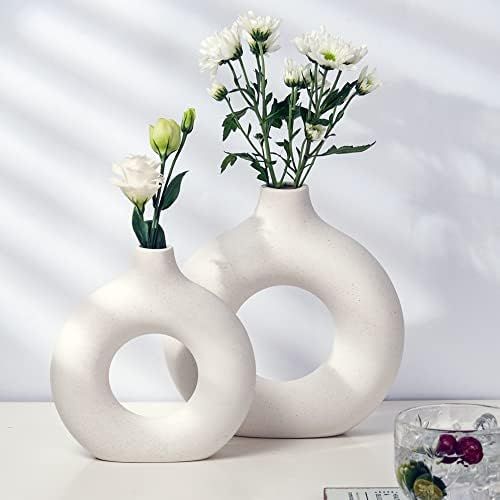 White Ceramic Circle Vases Set of 2 - Modern Minimalist Donut Vase for Neutral Home Decor - Large... | Amazon (US)