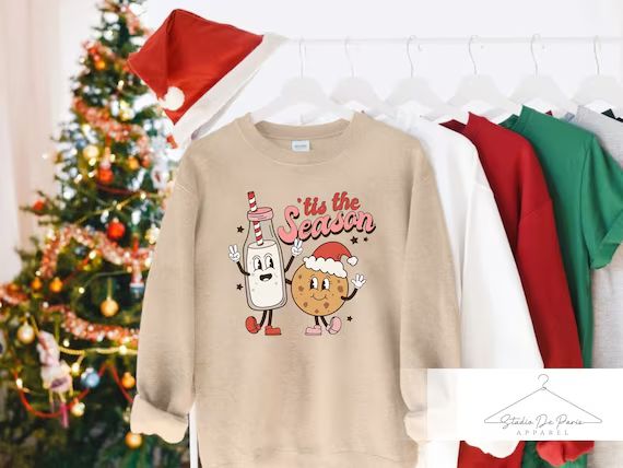 Tis The Season Christmas Sweatshirt, Retro Holiday Season Outfit, Xmas Cookies and Milk Sweater, ... | Etsy (US)