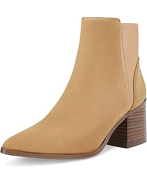Coutgo Womens Pointed Toe Ankle Boots Elastic Chunky Block Stacked Mid Heel Slip On Chelsea Booti... | Amazon (US)