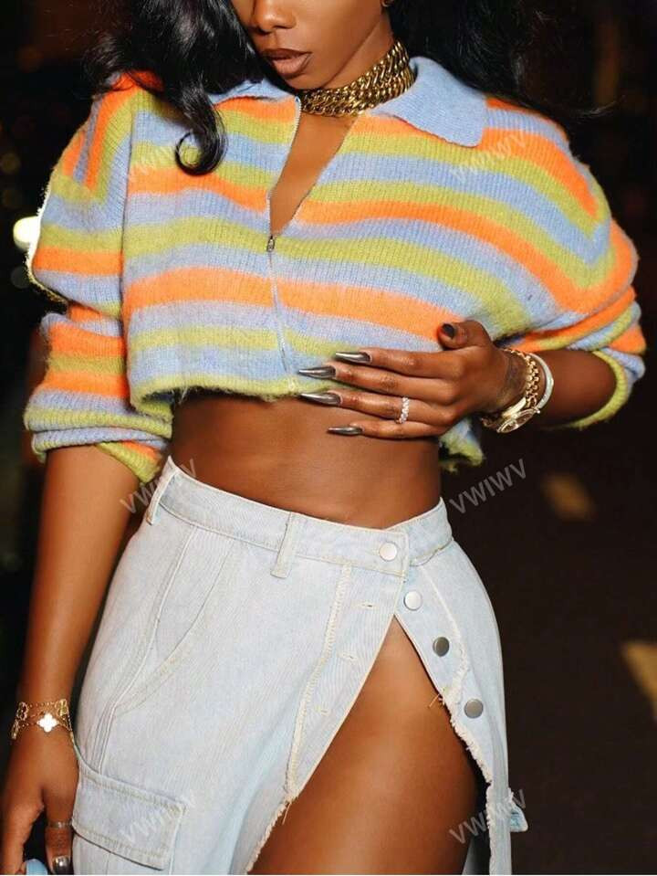 Striped Pattern Drop Shoulder Crop Cardigan | SHEIN