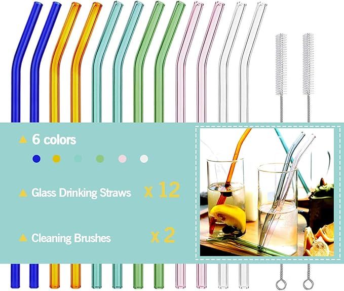 Amazon.com: Reusable Bent Glass Drinking Straws,Set of 12 Bent Straws With 2 Cleaning Brushes,Sha... | Amazon (US)