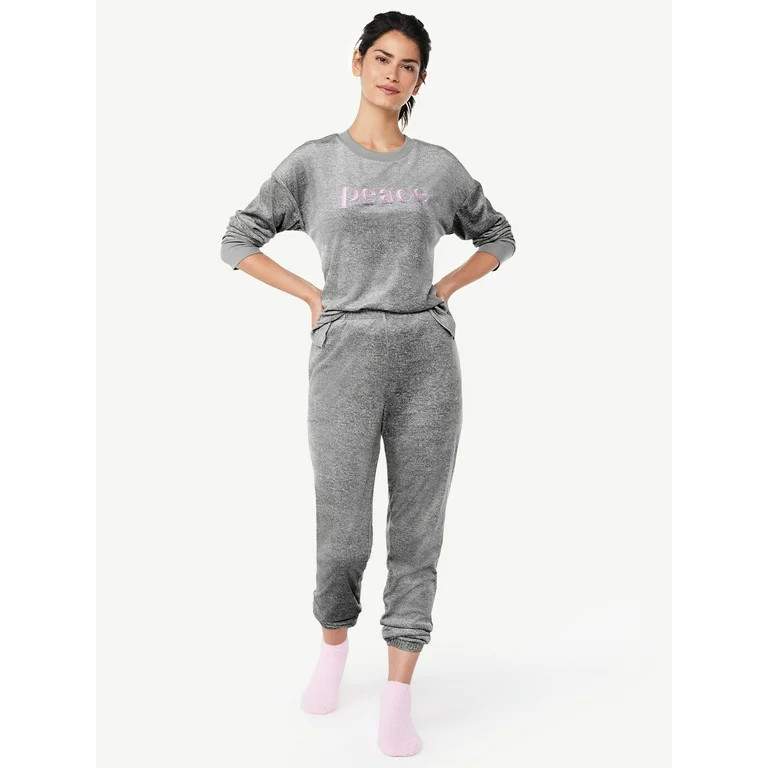 Joyspun Women's Embroidered Stretch Velour Top and Joggers Pajama Set with Socks, 3-Piece, Sizes ... | Walmart (US)