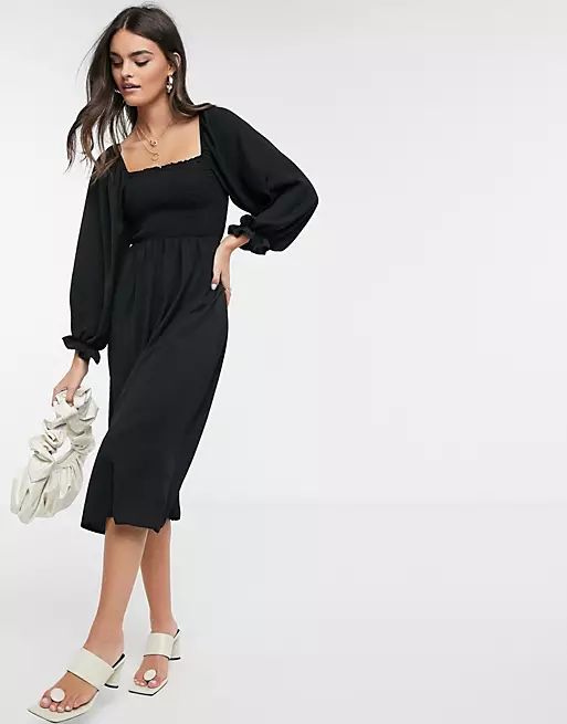 New Look shirred square neck midi dress in black | ASOS (Global)