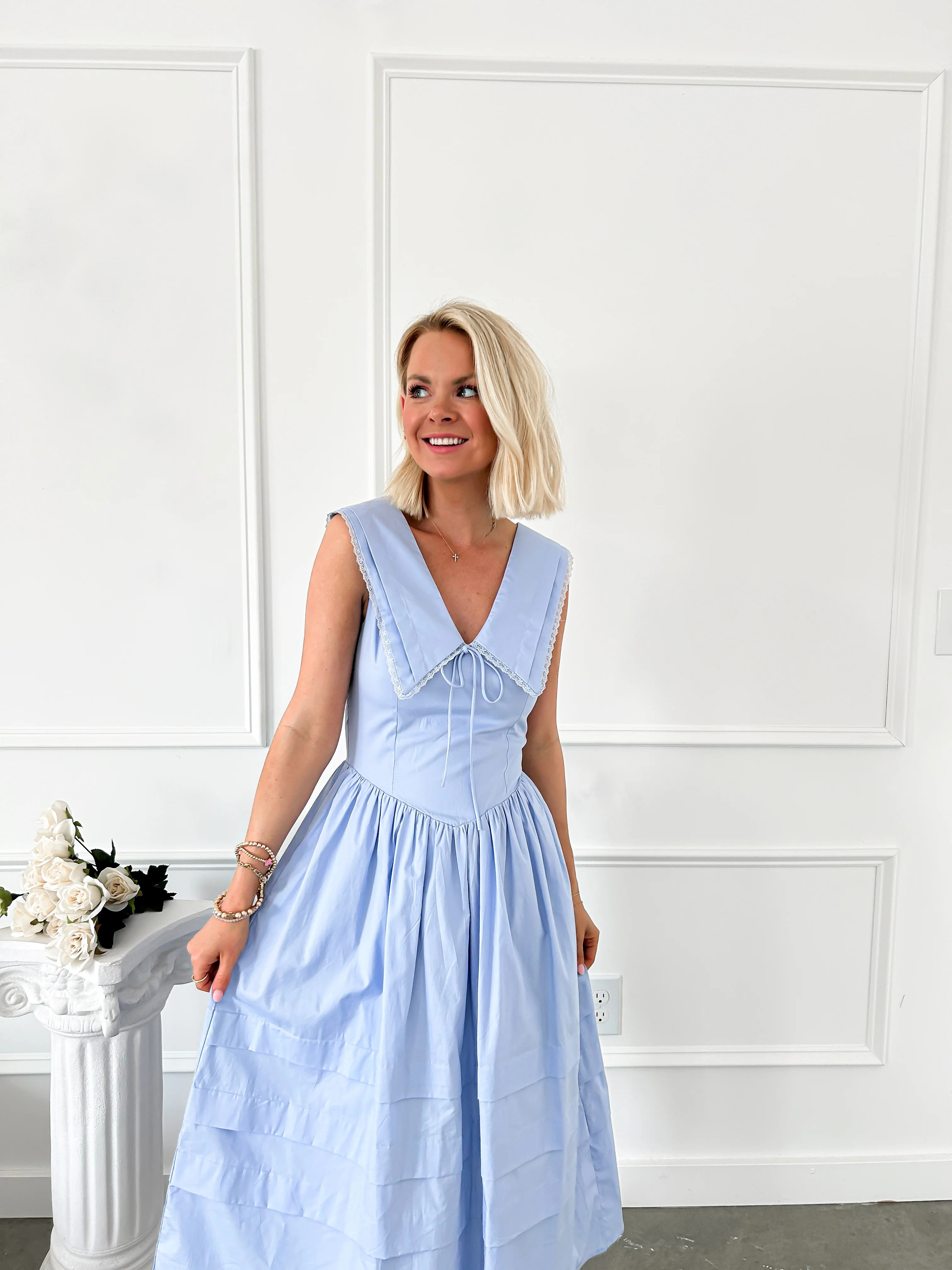 Quiet Waters Blue Collared Midi Dress | Flourish in Frills