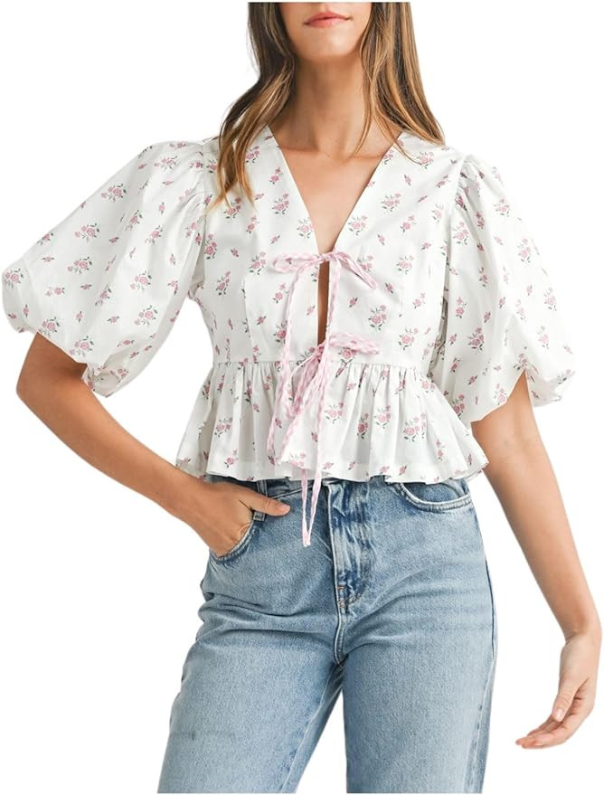 Womens Puff Short Sleeve Floral Printed Front Bow Tie Crop Peplum Top Floral Bow Ties Blouse | Amazon (US)