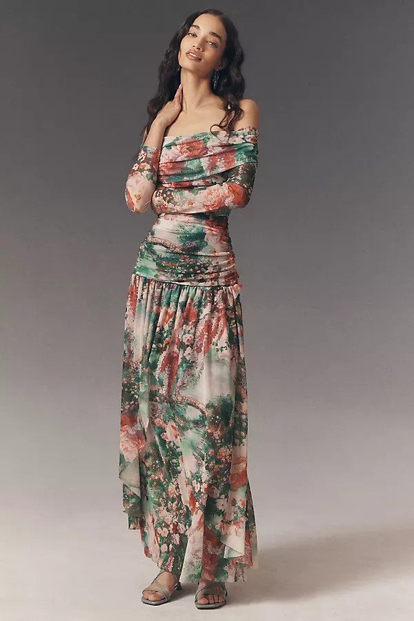 BHLDN Ivy Off-Shoulder Drop-Waist Stretch Mesh Maxi Dress | Anthropologie (US)