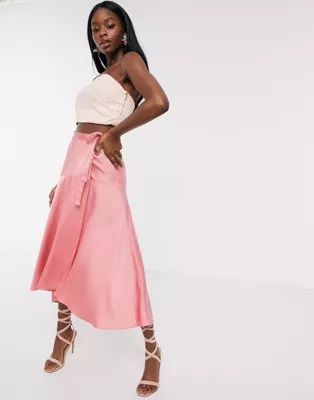 ASOS DESIGN satin maxi wrap skirt with tie waist detail in dusty rose | ASOS EE