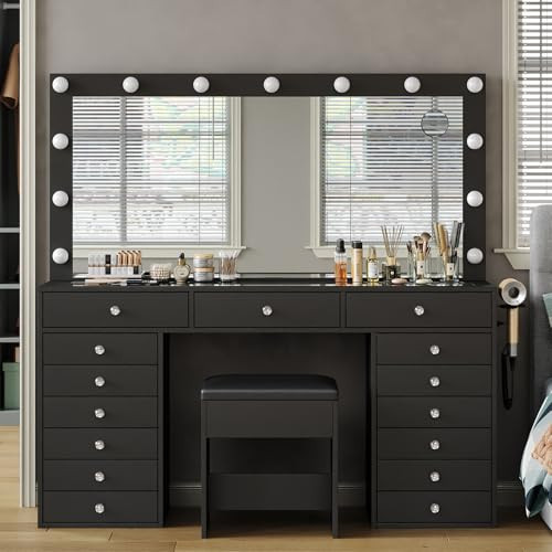 Yanosaku 55" W Vanity Desk, Makeup Vanity with Charging Station, 15 Drawers with Lighted Mirror, 3 Lighting Modes, Brightness Adjustable, Glass Top, Vanity Table with Chair for Bedroom, Black | Amazon (US)