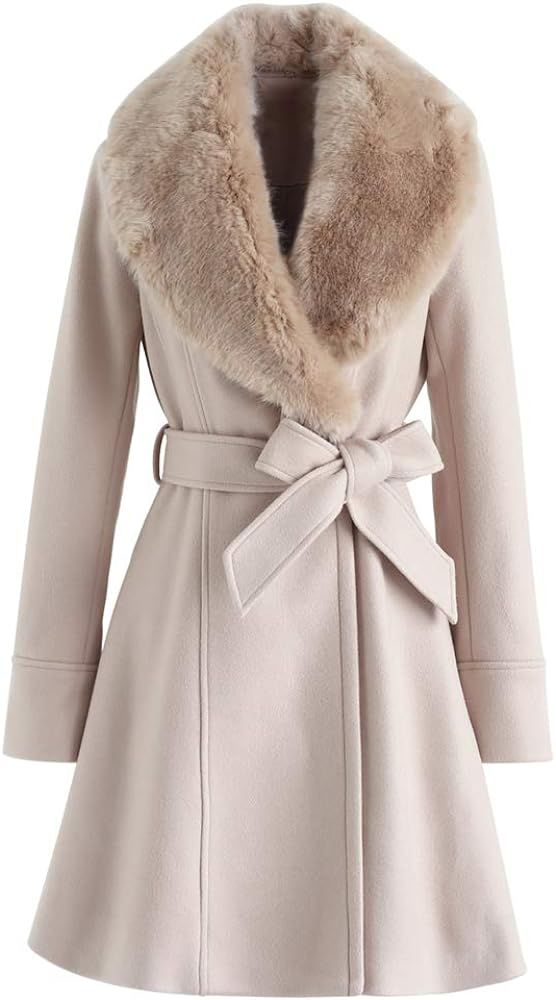 CHICWISH Women's Taupe/Nude Pink/Black Faux Fur Wide Lapel Turn Down Shawl Collar Belted Flare Wo... | Amazon (US)