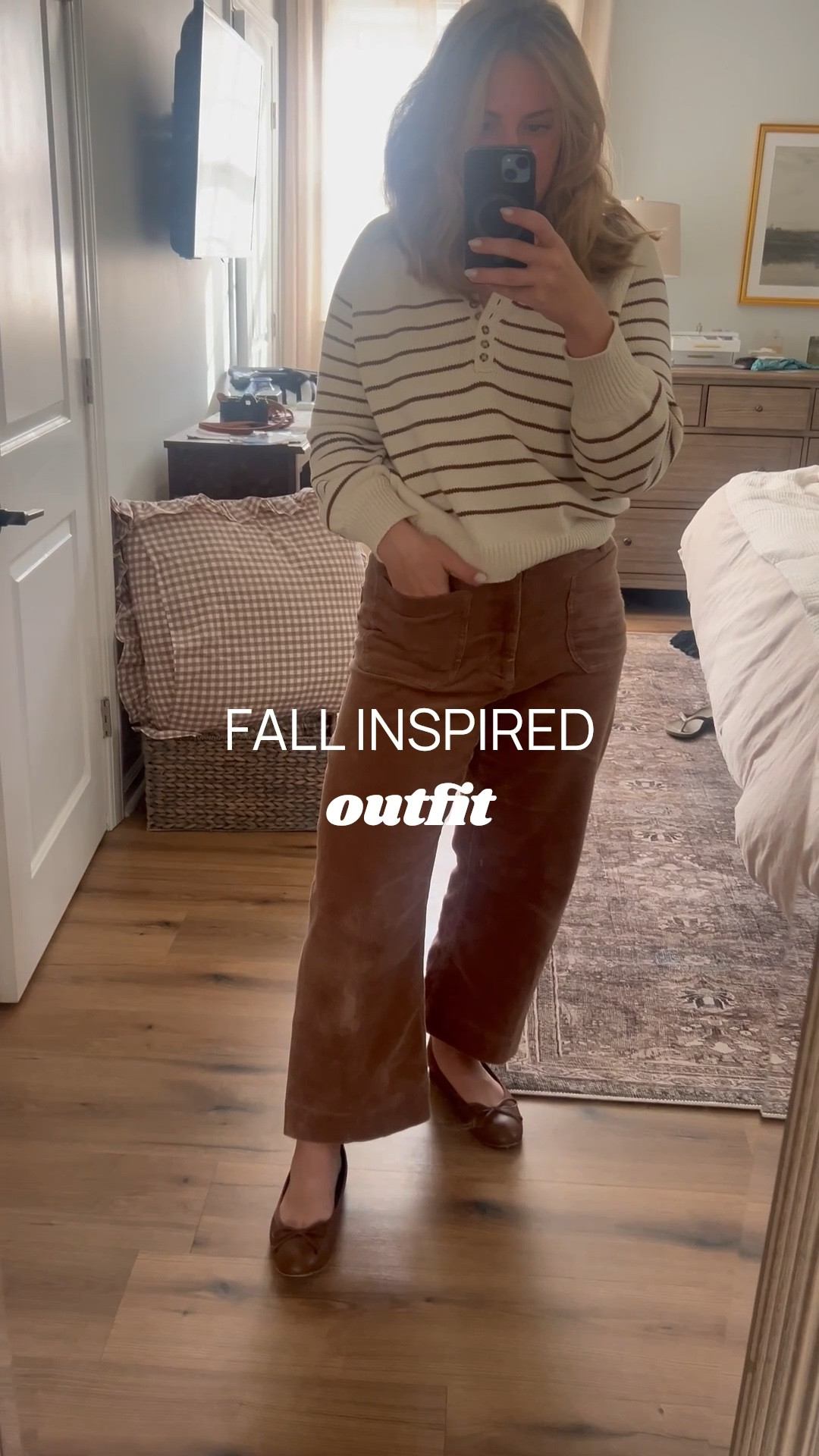 French girl style, easy outfit idea, easy French inspired outfit, fall inspired outfit, French girl chic, midsize style, petite style, Sezane looks, Sezane outfits, chic Parisian outfits, striped Henley, Henley knit, Henley cardigan, all cotton outfit, cotton outfit, corduroy pants, corduroy wide leg pants, how to wear wide leg pants, wide leg pants, ballet flats, leather flats

#LTKMidsize #LTKStyleTip #LTKPetite