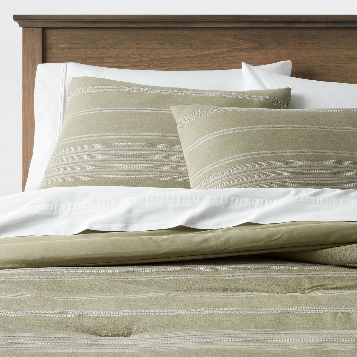 Full/Queen Cotton Woven Stripe Comforter & Sham Set Moss Green/White - Threshold™ | Target