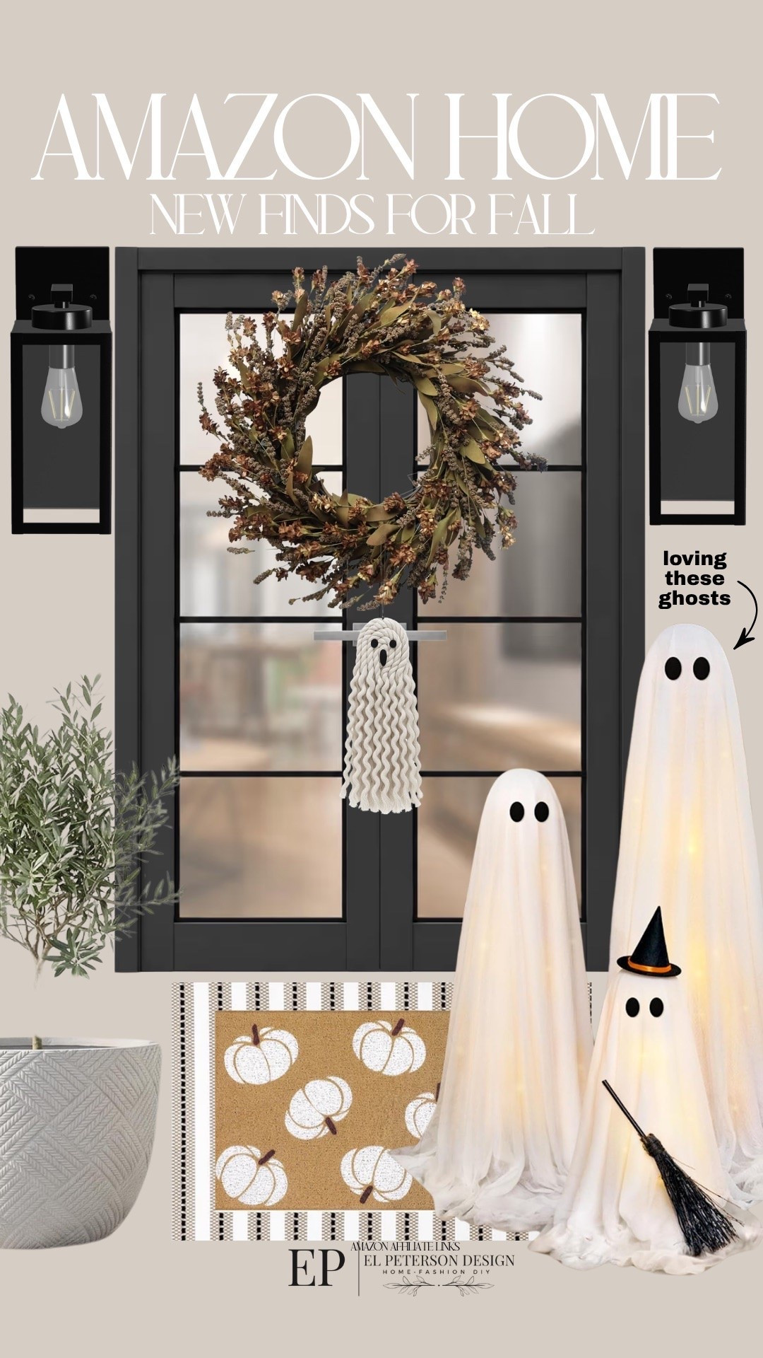 Amazon 
New Fall Finds
Set of 3 ghosts
Door mat
Planters
Outdoor lighting 
Ghost door hanger 
Wreath

#LTKHome