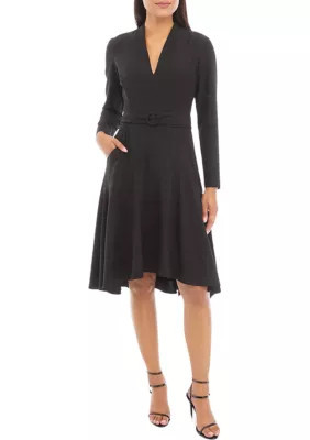 Taylor Women's V-Neck Pleated Fit and Flare Dress, Black, 2 | Belk
