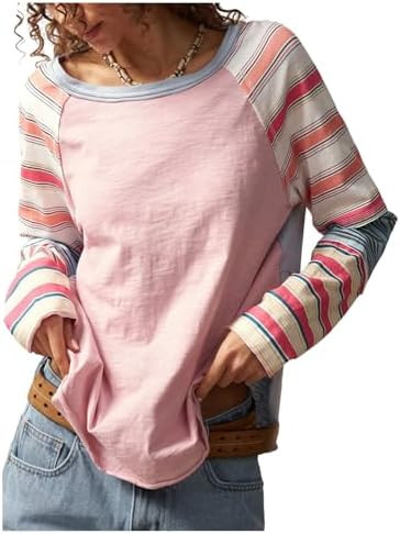 WDIRARA Women's Color Block Striped Long Sleeve T Shirts Crew Neck Tee Loose Patchwork Tops | Amazon (US)