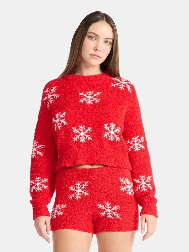 No Boundaries Christmas Plush Sweater and Shorts Set, 2-Piece, Women’s | Walmart (US)