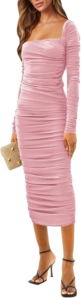 Pink Queen Women's 2023 Fall Sexy Ruched Bodycon Dress Square Neck Long Sleeve Backless Knit Part... | Amazon (US)