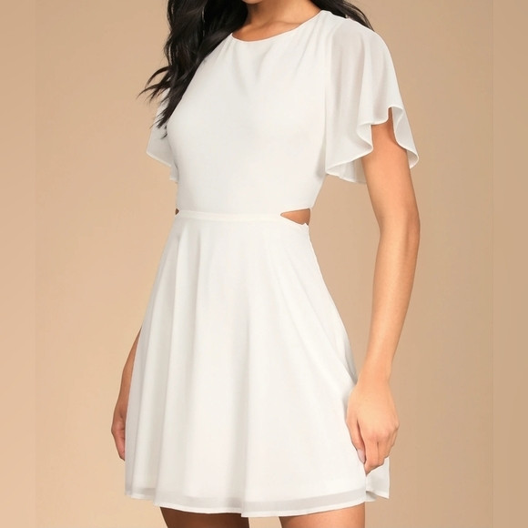 Lulus Blissful Love Ivory Cutout Mini Skater Dress, Flutter Chiffon Sleeves | Poshmark