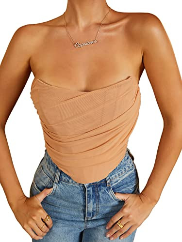 MOALLUOM Mesh Corset Crop Top Bustier Underbust Boned Backless Sleeveless Strapless Off Shoulder ... | Amazon (US)