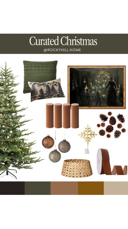 Curated Christmas decorations, Green, gold and brown color palette, Christmas tree, ornaments, velvet ribbon, printable Christmas art

#LTKSeasonal #LTKhome #LTKHoliday