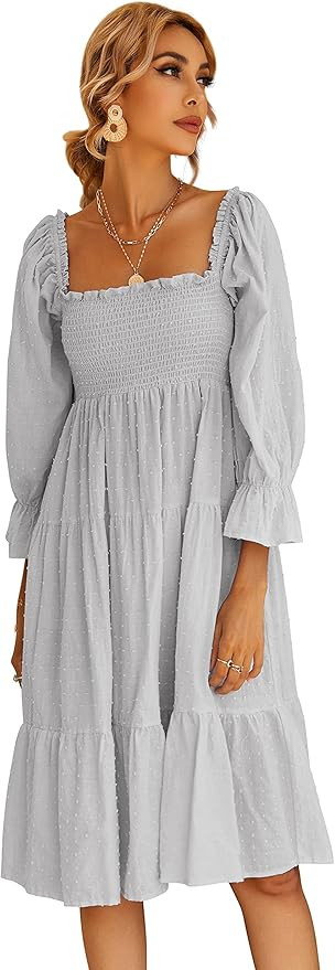 R.Vivimos Women's Summer Cotton Plaid Puff Sleeves Bow Casual Off-Shoulder Boho Midi Dress | Amazon (US)