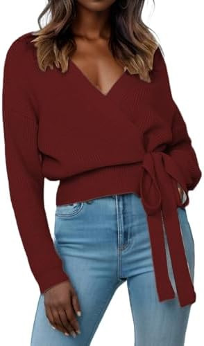 Women's Casual V Neck Wrap Sweater Pullovers Lightweight Ribbed Drop Shoulder Knitted Tops | Amazon (US)
