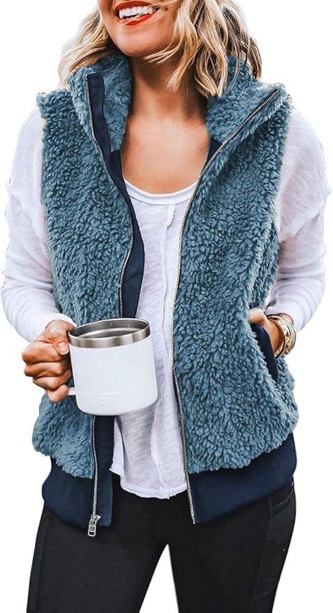 LookbookStore Women Casual Sherpa Fleece Vest Warm Fuzzy Zip Up Vest with Pockets | Amazon (US)