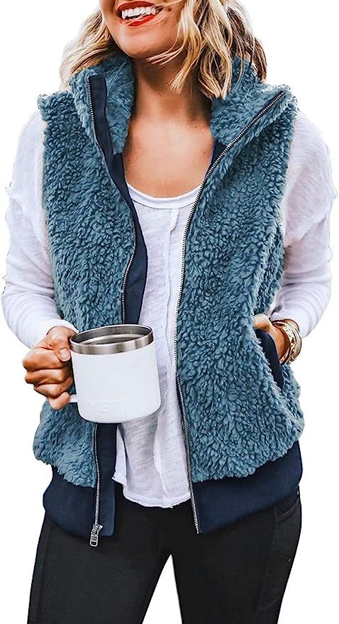 LookbookStore Women Casual Sherpa Fleece Vest Warm Fuzzy Zip Up Vest with Pockets | Amazon (US)