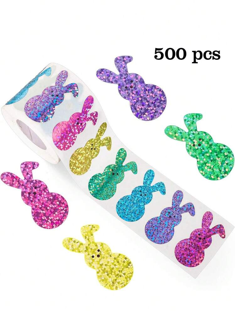 500pcs/Roll Holographic Colorful Easter Bunny Doodle Stickers Roll, Large 3.8cm Shaped 5/6 Colors Rabbit, 2 Styles Optional, Glitter Easter Rabbit Gift Wrapping, Envelope, Magazine, Phone Case, Scrapbooking DIY, Office Supplies Decor, PVC Sticker | SHEIN