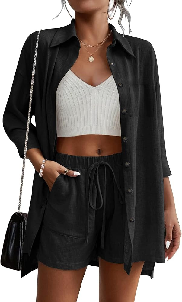 Beyove Women's Cotton Linen Set Casual Tracksuit Button Down 3/4 Sleeve Shirt Drawstring Shorts P... | Amazon (US)