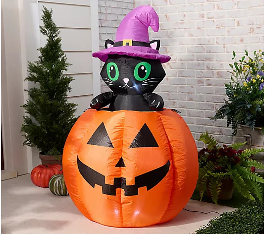 Hay & Harvest 48" Inflatable Peek-A-Boo Cat Jack-O-Lantern | QVC