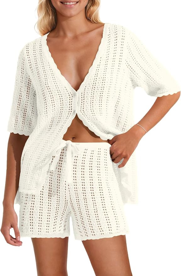 Saodimallsu Women Crochet 2 Piece Swimsuit Cover Up Short Sleeve Knit Tops Shorts Sets Summer Bea... | Amazon (US)