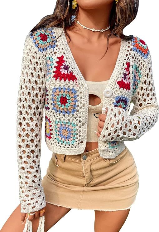 SHENHE Women's Floral Crochet V Neck Button Down Long Sleeve Cropped Cardigans | Amazon (US)