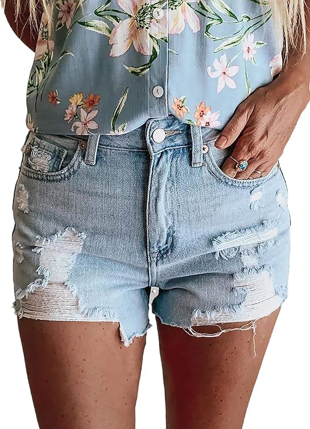 BTFBM Women High Waisted Rise Short Jean Summer Soft Comfy Stretchy Button Ripped Frayed Distress... | Amazon (US)