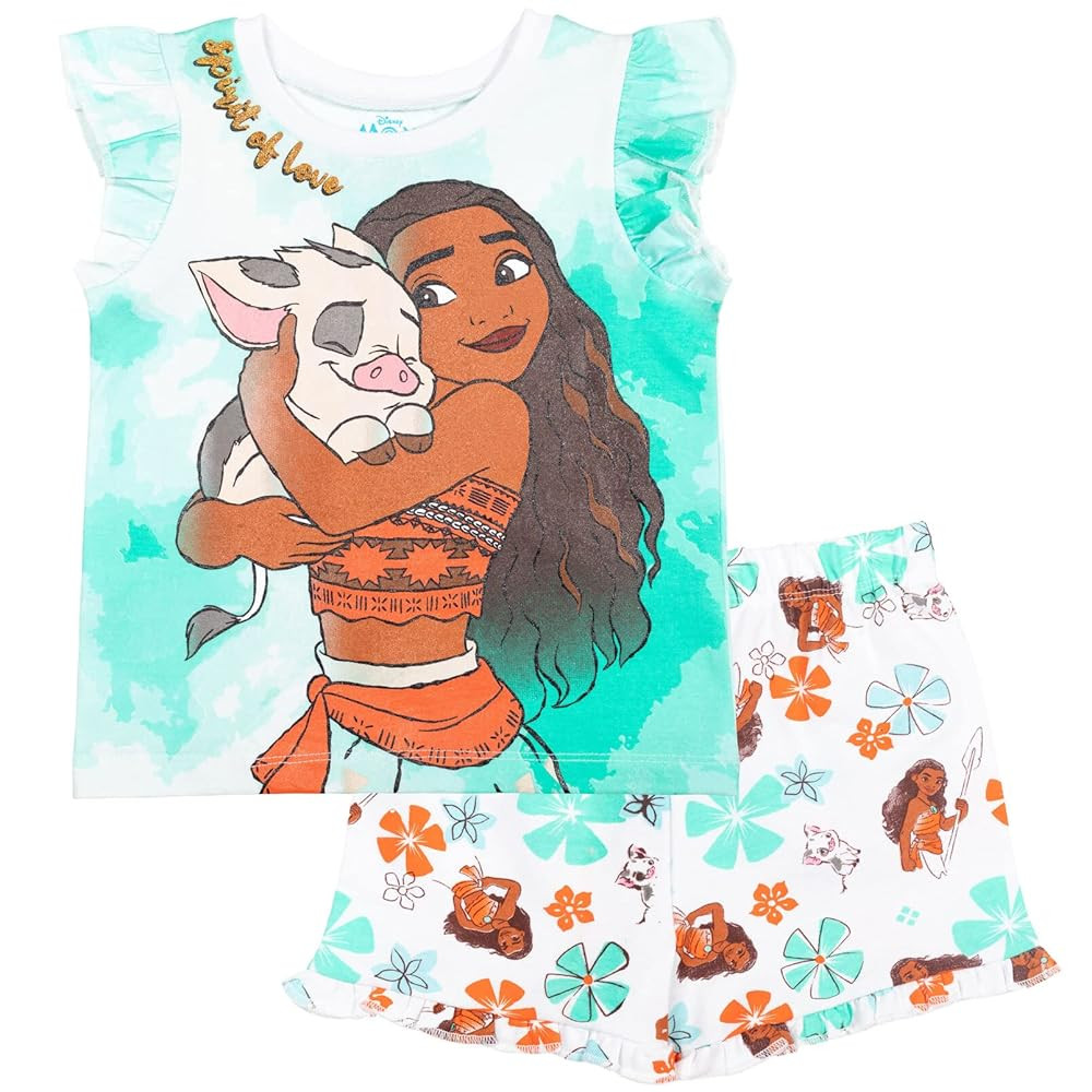 Disney Frozen Moana Princess Tiana Floral Peplum T-Shirt and French Terry Shorts Outfit Set Toddl... | Amazon (US)