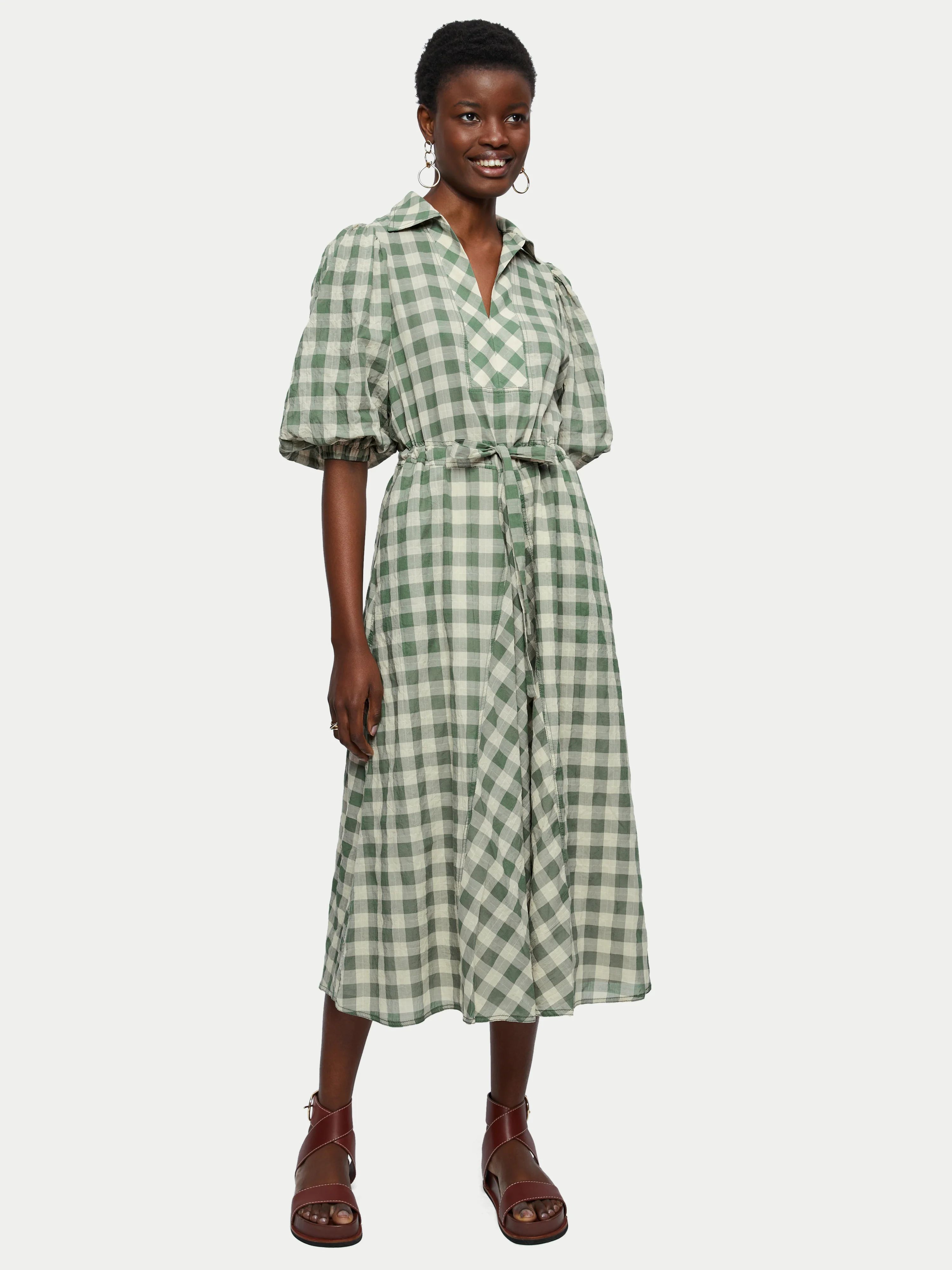 Cotton Gingham Midi Dress | Green | Jigsaw (UK)