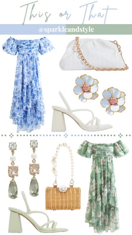 This Or That: Spring Wedding Guest Outfit

💙 blue floral ruffle dress, white slouchy bag, blue and pink flower earrings, white strappy heels
💚 green floral ruffle dress, green pearl dangly earrings, rattan pearl flower handbag, green strappy heels 

#LTKsalealert #LTKSpringSale #LTKstyletip