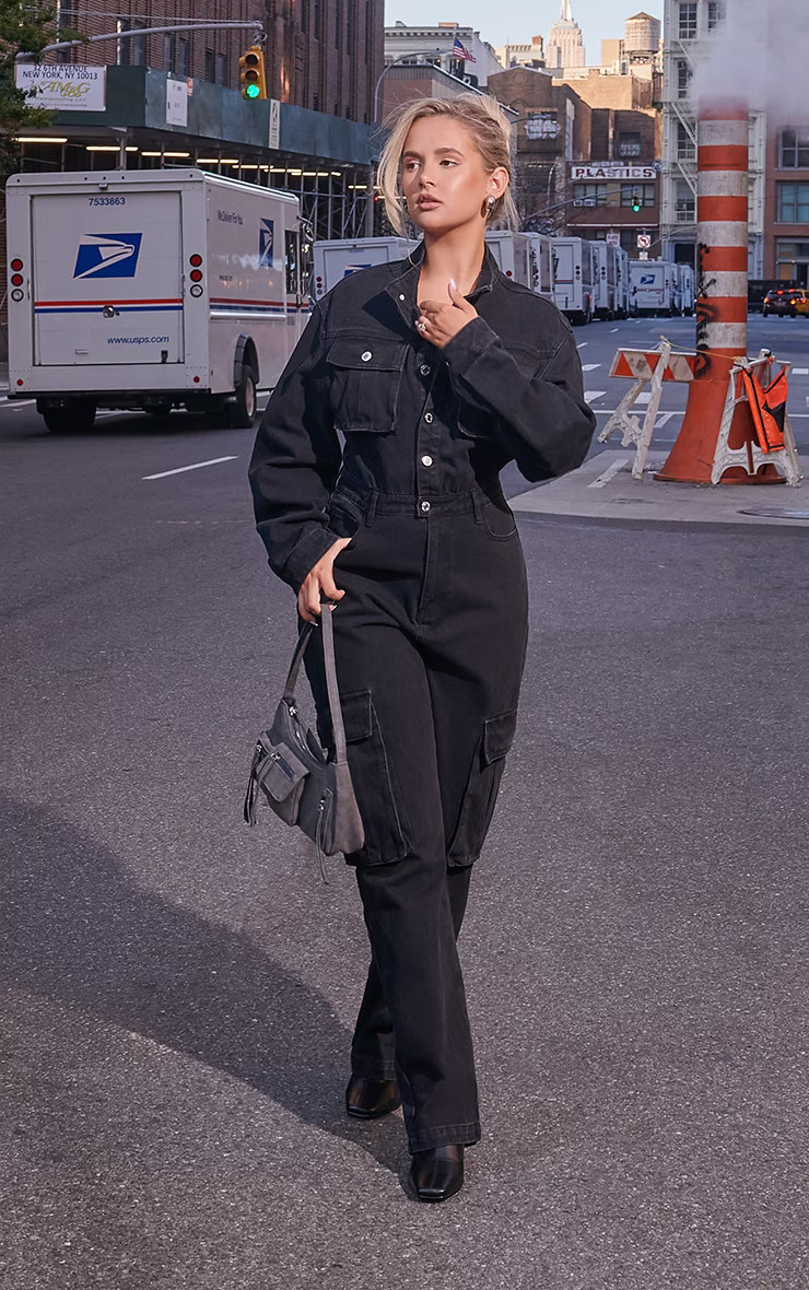 Washed Black Denim Cargo Wide Leg Jumpsuit | PrettyLittleThing IE