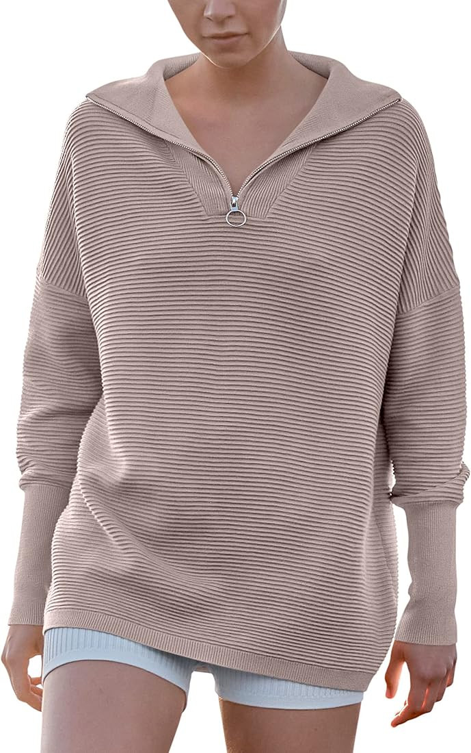 ANRABESS Women's Oversized Sweater Quarter Zip V Neck Collared Ribbed Knit Pullover Tunic 2023 Y2K F | Amazon (US)