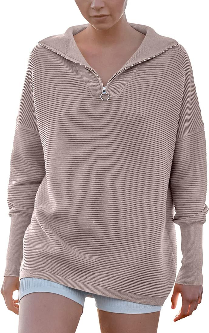 ANRABESS Women's Oversized Sweater Quarter Zip V Neck Collared Ribbed Knit Pullover Tunic 2023 Y2K F | Amazon (US)