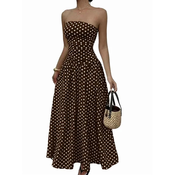 Women'S Polka Dots Strapless Ruffle Tube Dress Ruched Sleeveless Maxi Dresses Brown S | Walmart (US)