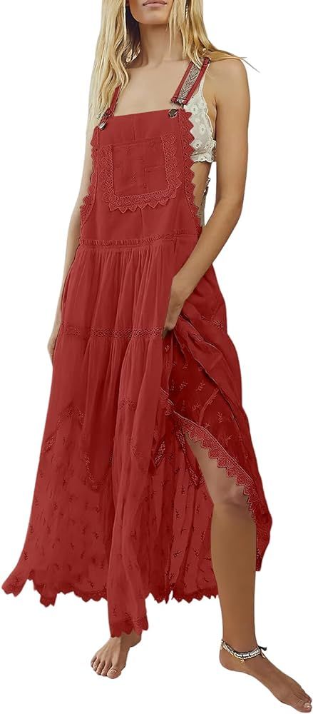 utcoco Women's Summer Laced Embroidered Tulle Bib Overall Dress Casual Loose Adjustable Straps Sl... | Amazon (US)