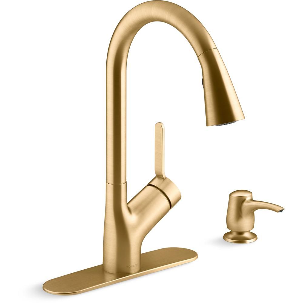 KOHLER Setra Single-Handle Pull-Down Sprayer Kitchen Faucet in Vibrant Brushed Moderne Brass-K-R2... | The Home Depot