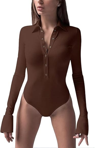 GEMBERA Women's Long Sleeve Turn Down Button Collar Bodycon Bodysuit Tops Casual Thong Leatord | Amazon (US)
