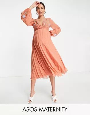 ASOS DESIGN Maternity textured twist front pleated midi dress with all over embroidery in rust | ASOS (Global)