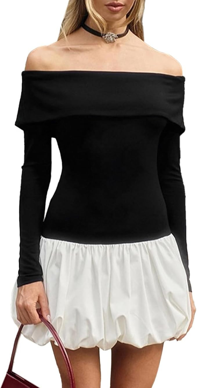 Women Bubble Mini Dress Long Sleeve Off Shoulder Puffy Short Dress Fall Cocktail Party Formal Dre... | Amazon (US)