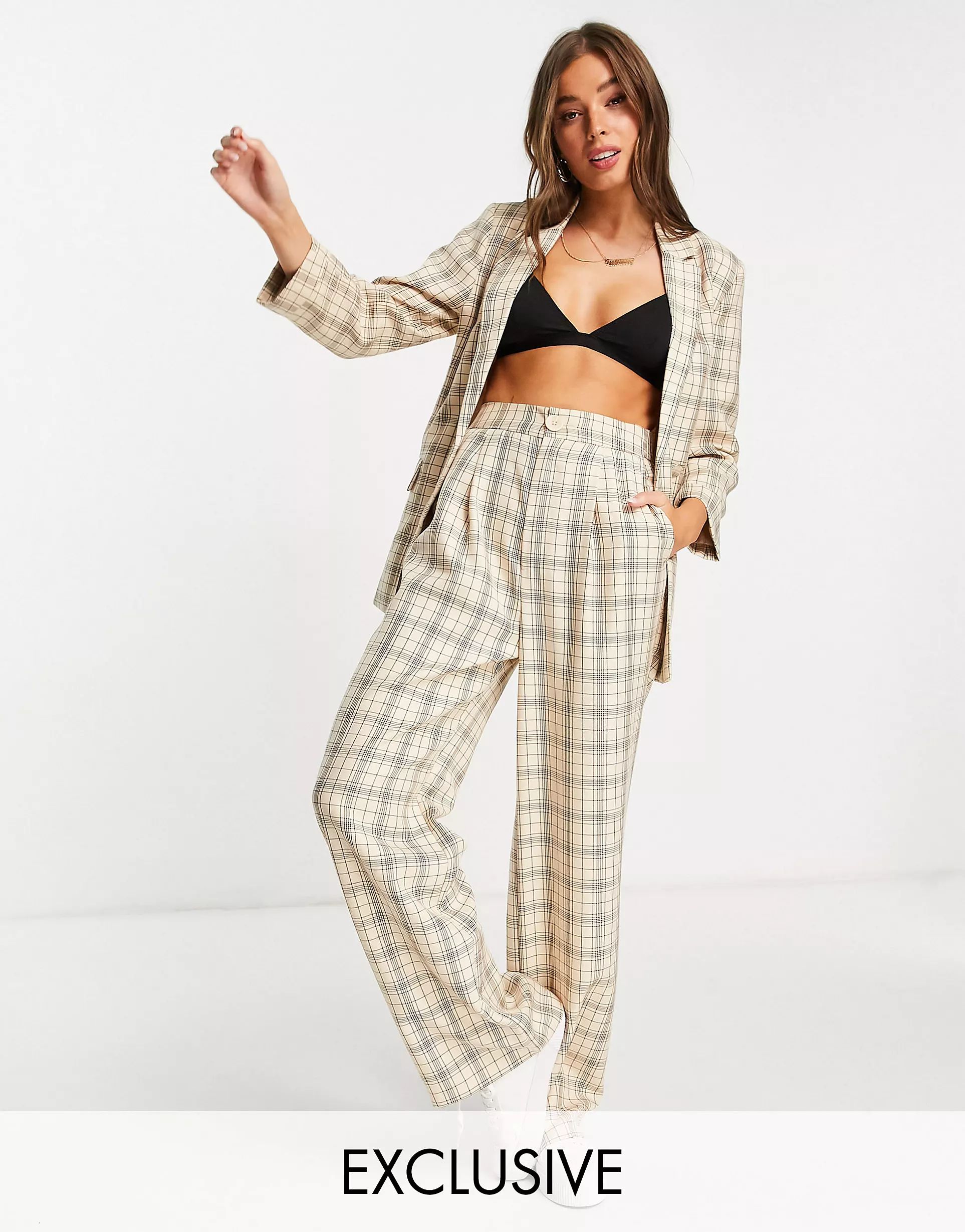 Stradivarius wide leg relaxed dad trousers co-ord in beige check | ASOS (Global)