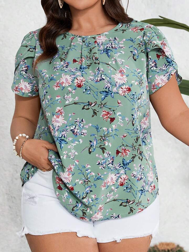 SHEIN CURVE+ Plus Size Floral Printed Petal Sleeve Shirt Dress | SHEIN