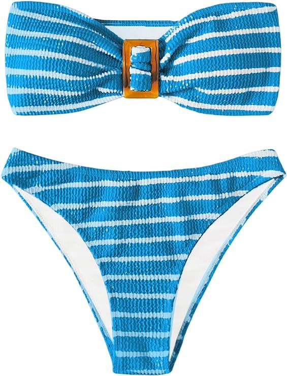 GORGLITTER Women's 2 Piece Strapless Swimsuit Striped Bandeau High Waisted Thong Bikini Set Bathi... | Amazon (US)