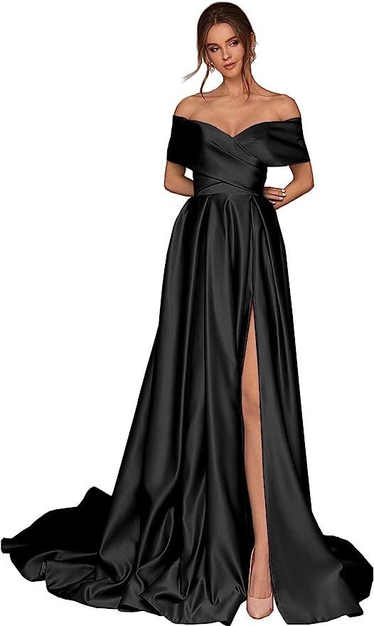 BONOYUER Women's Off The Shoulder Satin Prom Dresses Long High Slit A-line Formal Party Evening G... | Amazon (US)